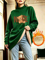 NICE Letter Bear Print Half-Turtleneck Long -Lined Sweatshirt for Women, Autumn/Winter Loose Fit Casual Sweatshirt Dress - Green