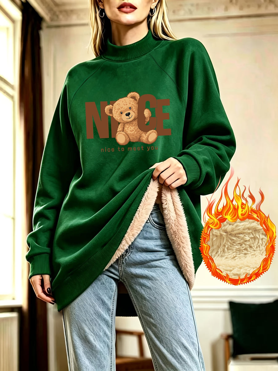 NICE Letter Bear Print Half-Turtleneck Long -Lined Sweatshirt for Women, Autumn/Winter Loose Fit Casual Sweatshirt Dress - Green