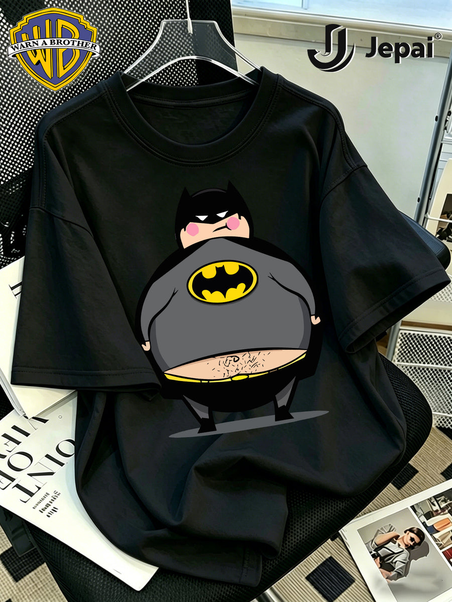 Warner Bros. Exclusive License, Retro Street Style DC Batman Cartoon Classic Character Print Design Men'S Summer Basic Casual Short Sleeve Top, Casual Round Neck Shirt, Suitable for Outdoor Wear, Fitness, Office, And Daily Casual Wear - Black