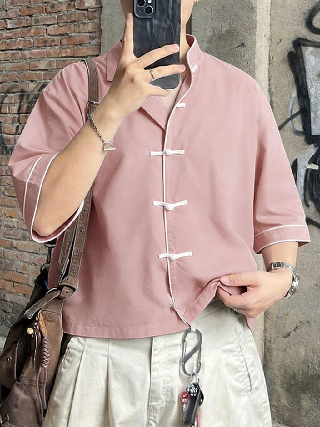 Men Retro Tops Frog Button Stand Collar Short Sleeve Loose Thin Outdoor Street New Chinese Style Casual Shirt, Chinese Size, Please Check The Size Guide Carefully - Pink
