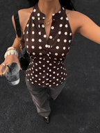 New Summer Vintage Sweet Spicy Half-Open Collar Shirt Women'S Design-Sense Slender Sleeveless Top - Coffee Brown