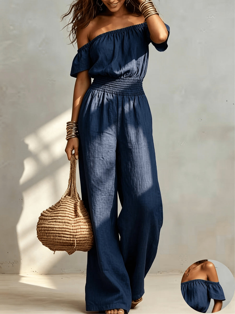 Vintage Off-the-Shoulder Sexy Sleeveless Drawstring Waist Wide-Leg Jumpsuit - Navy Color