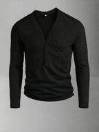 ROYALBOY Men's Autumn New Textured Two-Tone Striped Fabric Deep V-Neck Long Sleeve Outdoor Fashion Sports Top - Black
