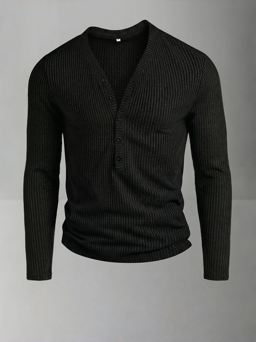 ROYALBOY Men's Autumn New Textured Two-Tone Striped Fabric Deep V-Neck Long Sleeve Outdoor Fashion Sports Top - Black