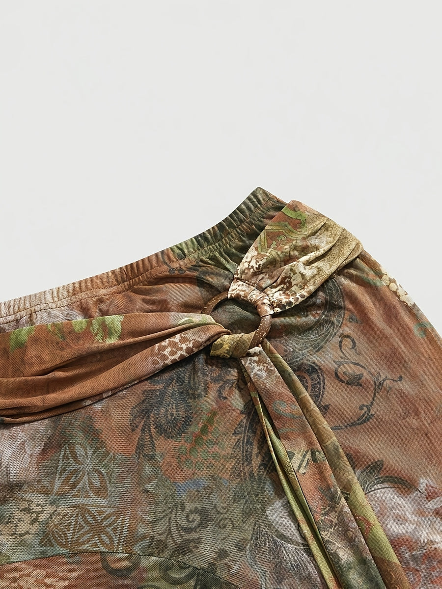 Hippie-style Women's Vintage Bohemian Asymmetrical Hem Paisley Print A-line Skirt, Spring/Summer Collection, High-Waist Ruffled Asymmetrical Hem Midi Skirt, Tie-Waist Wrap Skirt, Asymmetrical Hem Skirt - Brown
