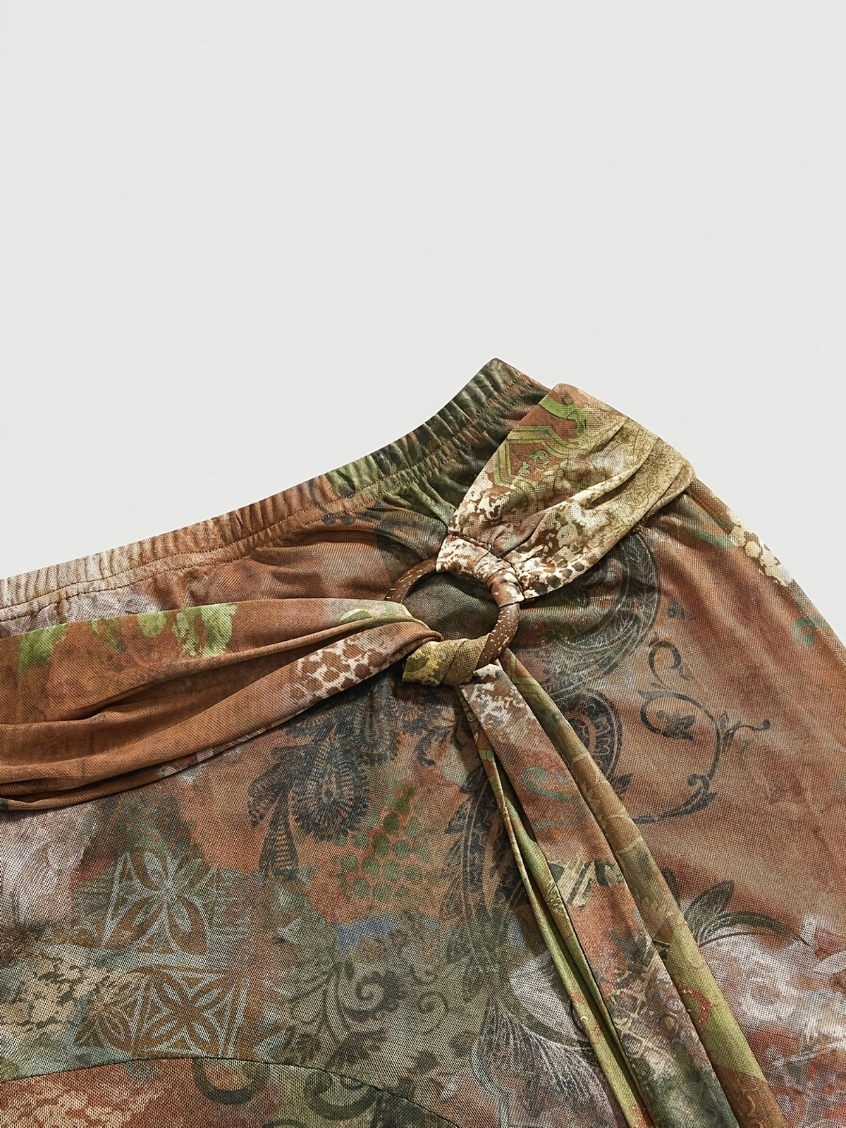 Hippie-style Women's Vintage Bohemian Asymmetrical Hem Paisley Print A-line Skirt, Spring/Summer Collection, High-Waist Ruffled Asymmetrical Hem Midi Skirt, Tie-Waist Wrap Skirt, Asymmetrical Hem Skirt - Brown