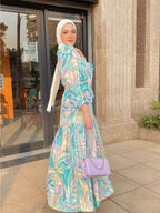 A Lightweight, Waist-Tied Long Dress Featuring a Colorful Tie-Dye Print in a Middle Eastern Casual Fashion Style, Suitable for Outdoor Leisure And Shopping Occasions, Perfect for Summer Wear - Polychrome