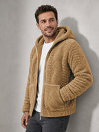 Men'S Plush Fleece Hooded Jacket, Full-Zip Long Sleeve Outerwear with Hand Pockets, Elastic Cuffs And Hem, Solid Color Textured Casual Jacket for Fall/Winter Daily Wear, Travel And Outdoor Activities - Khaki