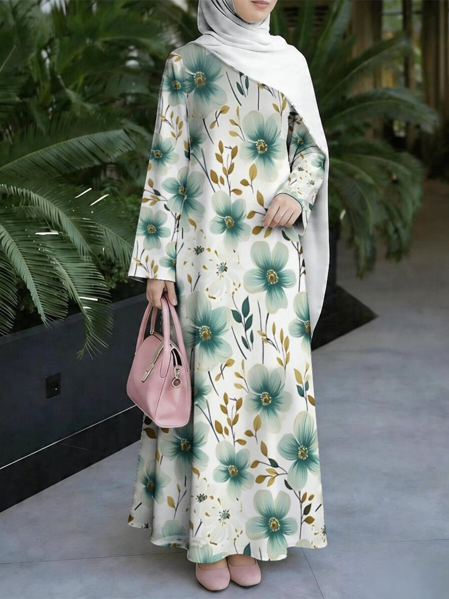 Women'S Hot Middle Eastern Style Muslim Elegant Robe, Creamy White Fresh Green Floral Print Long Dress, Loose Long Sleeve Flared Skirt, Social Prayer Family Gathering, Soft Texture Non-Embroidered Craft - Mixed colors