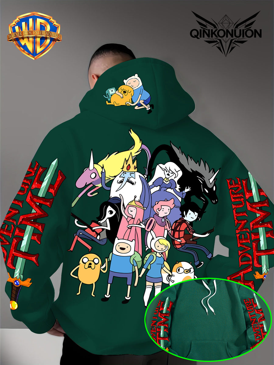 Warner Official Men's Hoodie, Adventure Treasure Full Character Gathering Adventure Print Design, Machine Washable, Warm and Casual for Autumn and Winter, Daily Drawstring Hoodie, Multifunctional Sports and Casual Loose Fit - Green
