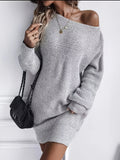 Autumn Winter New Elegant Temperament Solid Color One-Shoulder Long Sleeve Women'S Sweater Dress, Soft Comfortable Casual Off-Shoulder Women'S Sweater Dress, No Belt Style, Suitable for Autumn to Winter Wear, Women'S Dress - Grey