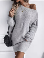 Autumn Winter New Elegant Temperament Solid Color One-Shoulder Long Sleeve Women'S Sweater Dress, Soft Comfortable Casual Off-Shoulder Women'S Sweater Dress, No Belt Style, Suitable for Autumn to Winter Wear, Women'S Dress - Grey