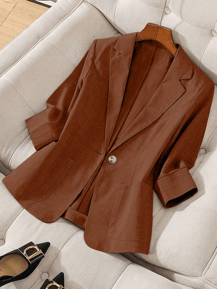 Women'S Casual Solid Single-Breasted Blazer, Spring/Summer Thin 3/4 Sleeve Lapel Coat - Brown