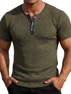 Men's Fashion Top, Spring/Summer Outdoor Casual Textured Ribbed Fabric, Solid Color Patchwork Crew Neck Single-Breasted Short Sleeve Men's Henley Shirt - Olive Brown