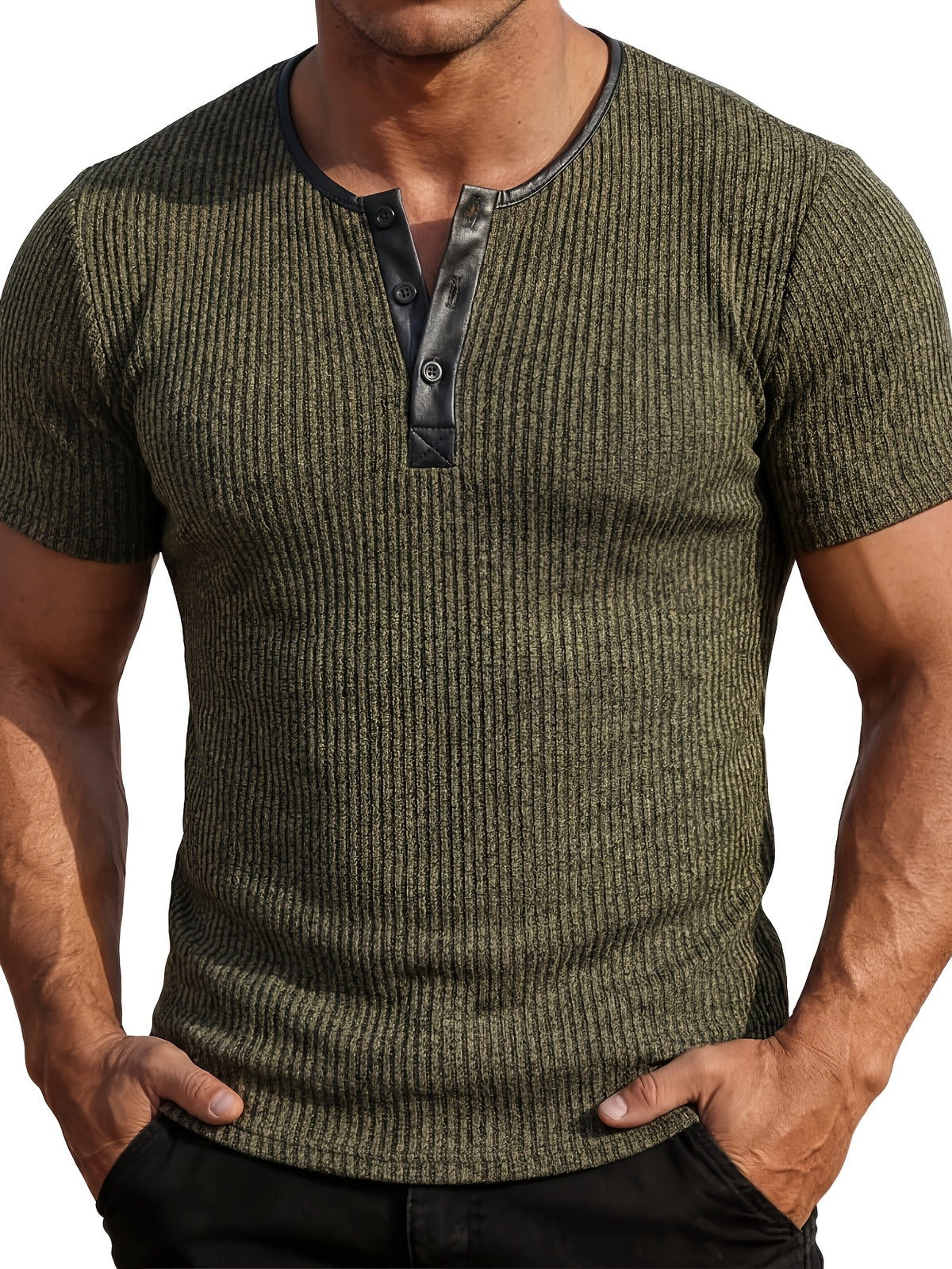 Men's Fashion Top, Spring/Summer Outdoor Casual Textured Ribbed Fabric, Solid Color Patchwork Crew Neck Single-Breasted Short Sleeve Men's Henley Shirt - Olive Brown
