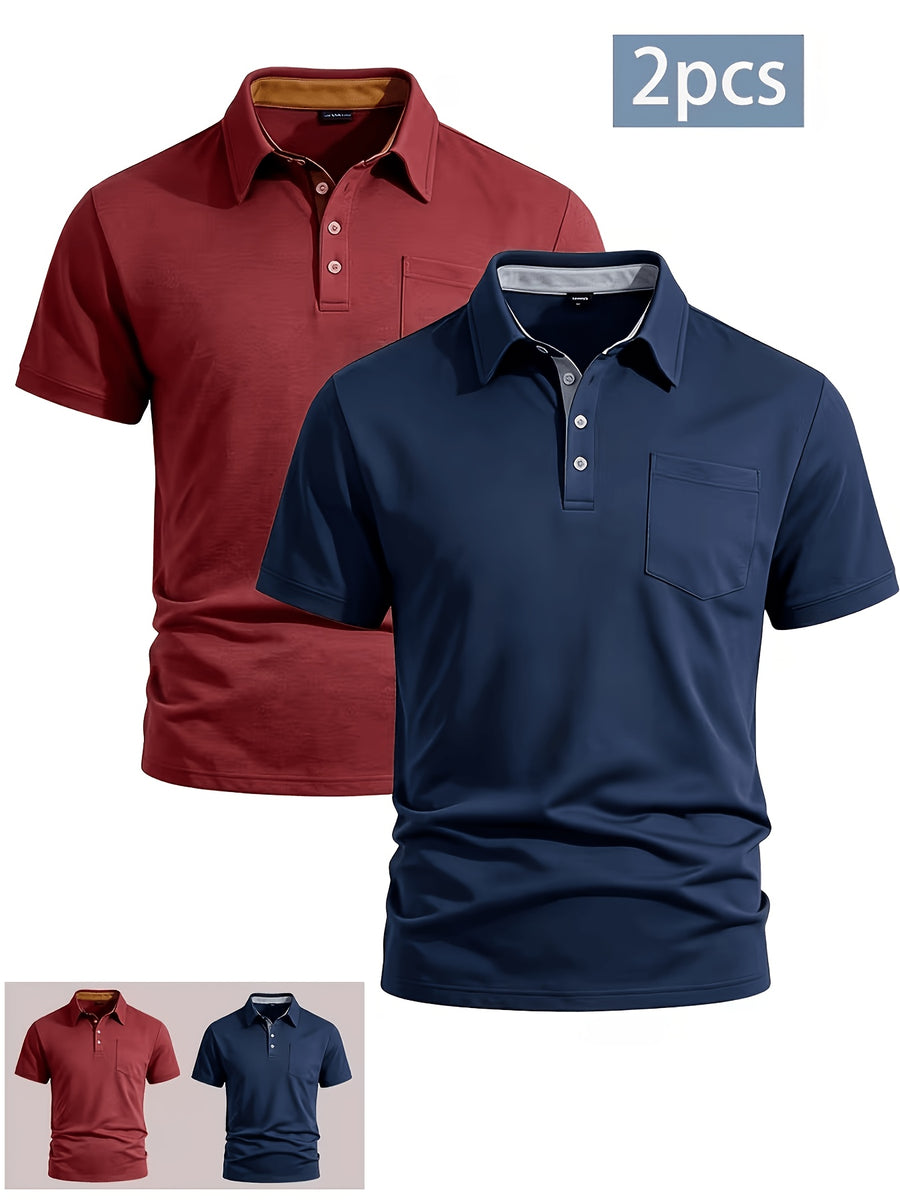 2pcs Set Men's Casual Solid Color Lapel Short-sleeve Polo Shirt with Casual Utility Pocket Design, Suitable for Business Casual Wear - navy blue plus red