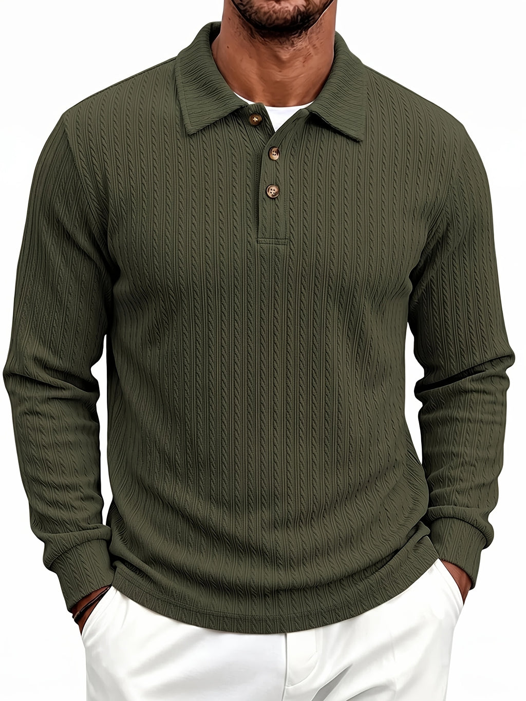 New Autumn Winter Men'S Fashion Casual Outdoor Jacquard Lapel Button-Up Long Sleeve Henley Shirt, Boyfriend Birthday Gift - Military Green