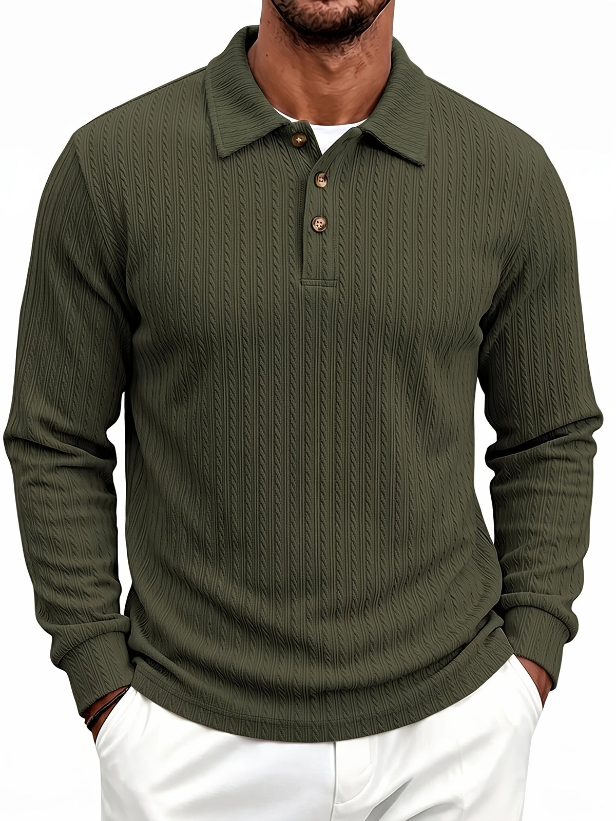 New Autumn Winter Men'S Fashion Casual Outdoor Jacquard Lapel Button-Up Long Sleeve Henley Shirt, Boyfriend Birthday Gift - Military Green