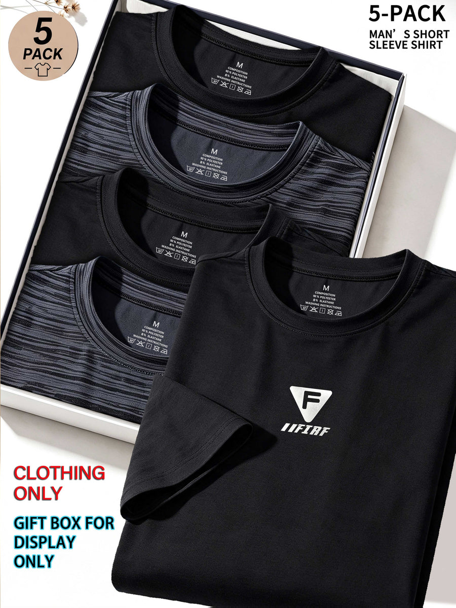 5pcs Men's Sports & Fitness Breathable Quick-Dry T-Shirts, Outdoor Travel Casual Running Printed Short-Sleeve Tees, Easy to Clean and Maintain, Lightweight T-Shirts for Daily Leisure and Gatherings, Classic Crew Neck Shirts - Black + Dark Gray + Black + Dark Gray + Black