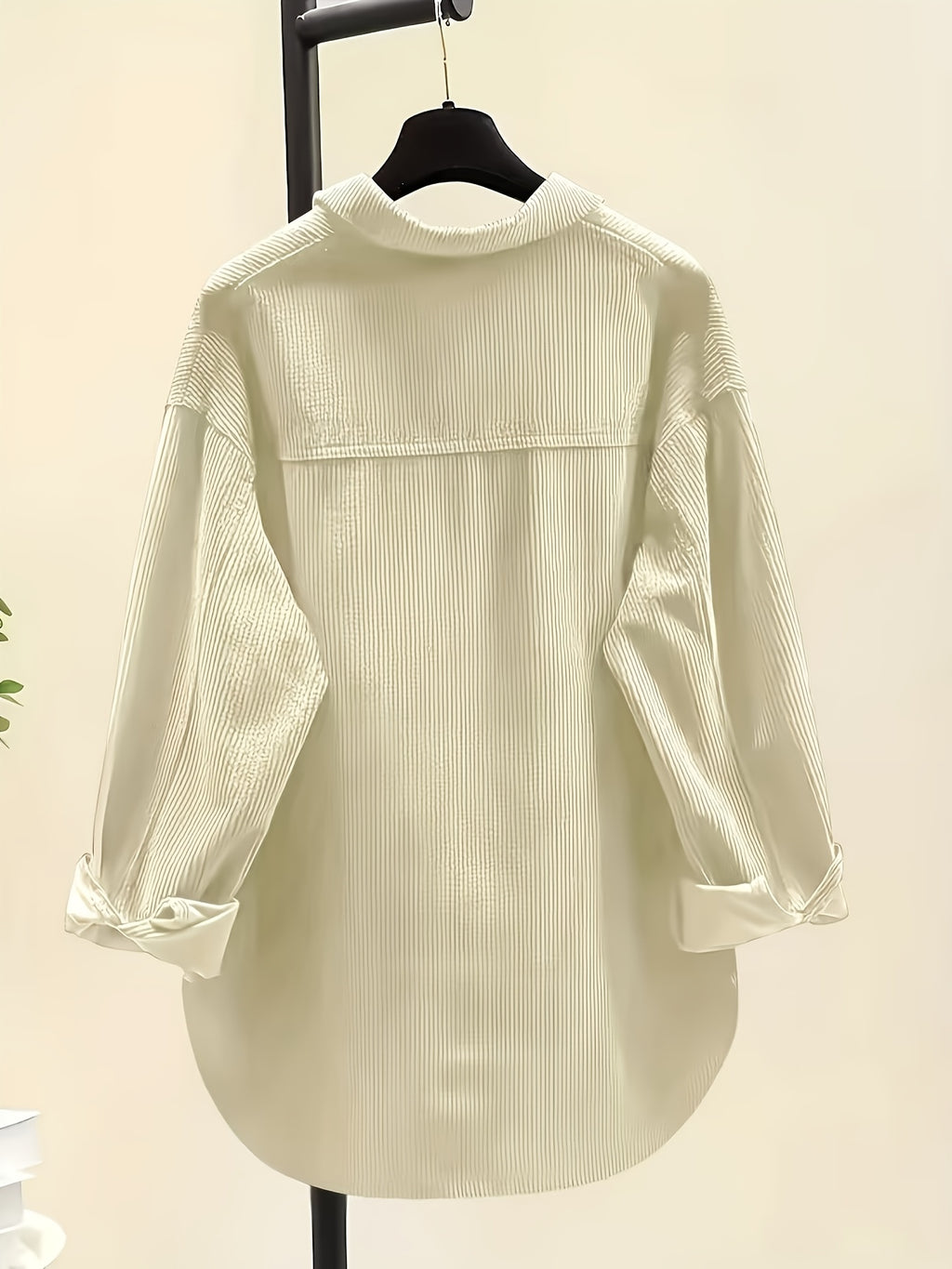 Plus Size, Women's Plus Size Corduroy Button-Front Shirt Jacket - Elegant Loose Fit Blouse, Spring Summer Fall Casual Outerwear, Machine Washable Layering Piece for to Weekend (No Bulk) - Milky