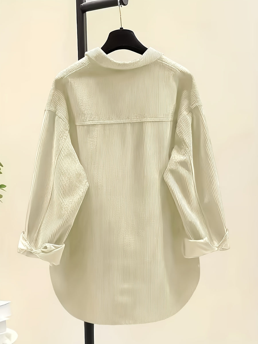 Plus Size, Women's Plus Size Corduroy Button-Front Shirt Jacket - Elegant Loose Fit Blouse, Spring Summer Fall Casual Outerwear, Machine Washable Layering Piece for to Weekend (No Bulk) - Milky