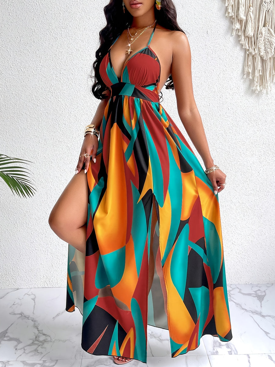 Wan Xiling's -pattern Printed Backless Summer Strappy Beach Dress for Women - Brick Red