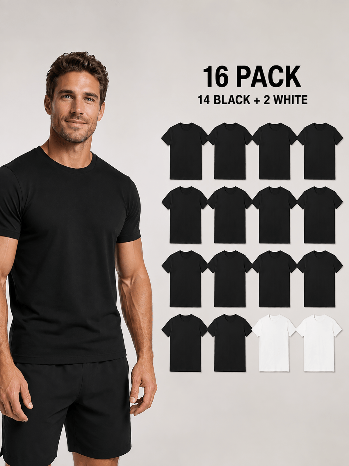 16pcs Men'S 100% Round-Neck Solid Color Short-Sleeve T-Shirts, Black And White, Soft And Breathable Basic Undershirts, Suitable for Daily Casual Wear, Sports, And Outdoor Wear - 14 Black 2 White 16 Pack