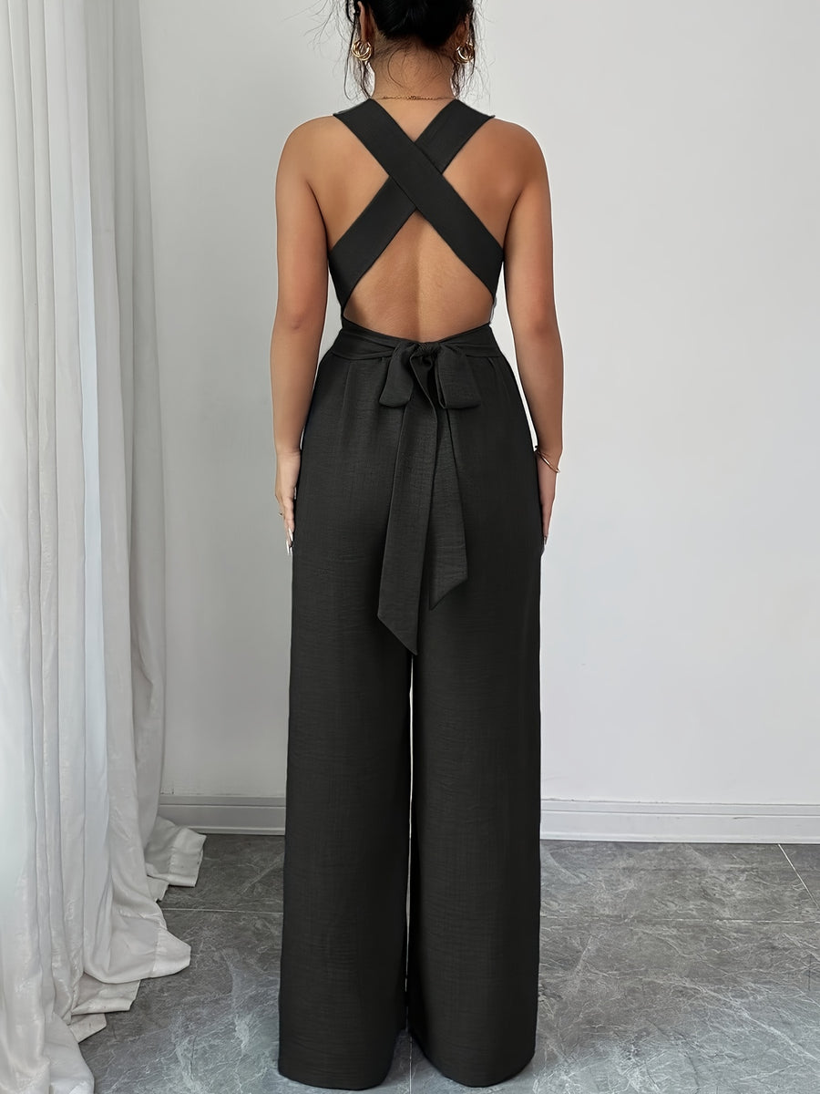 V-neck Women's Jumpsuit with Crisscross Waist Ties, Slit Back, and Wide-leg Straight-cut Pants - Black