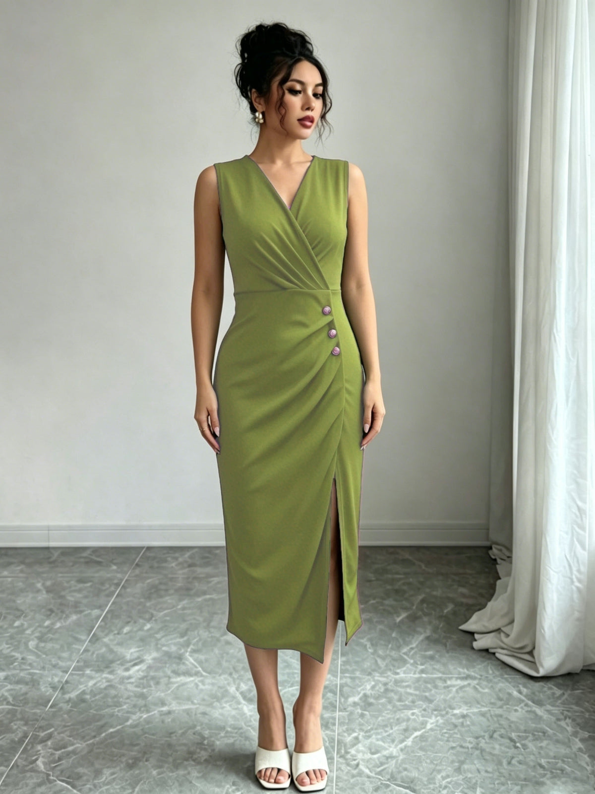 Solid Color Sleeveless Wrap V-Neck Midi Dress, Women'S Ruched Golden Button High Slit Bodycon Dress, Elegant Sheath Dress for Business Office, Party And Daily Formal Occasions - Matcha Color