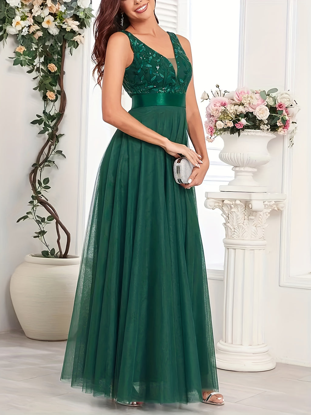 Fashionable Sexy New Women'S Sequin Mesh Patchwork A-Line Party Dress - Dark Green