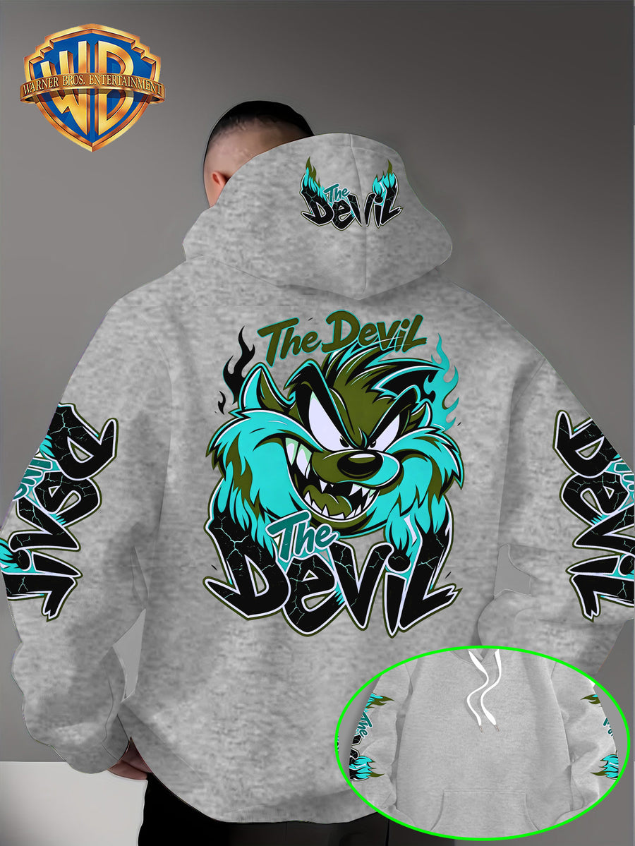 Le Yitong Big Mouth Monster The Devil Flame Print Hoodie, with Sleeve Print Design, Kangaroo Pouch And Drawstring Hood, Suitable for Autumn/Winter Casual Wear And Outdoor Activities - Grey
