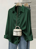 Women's Spring/Autumn Elegant and Versatile Satin Commuter Shirt - Dark Green