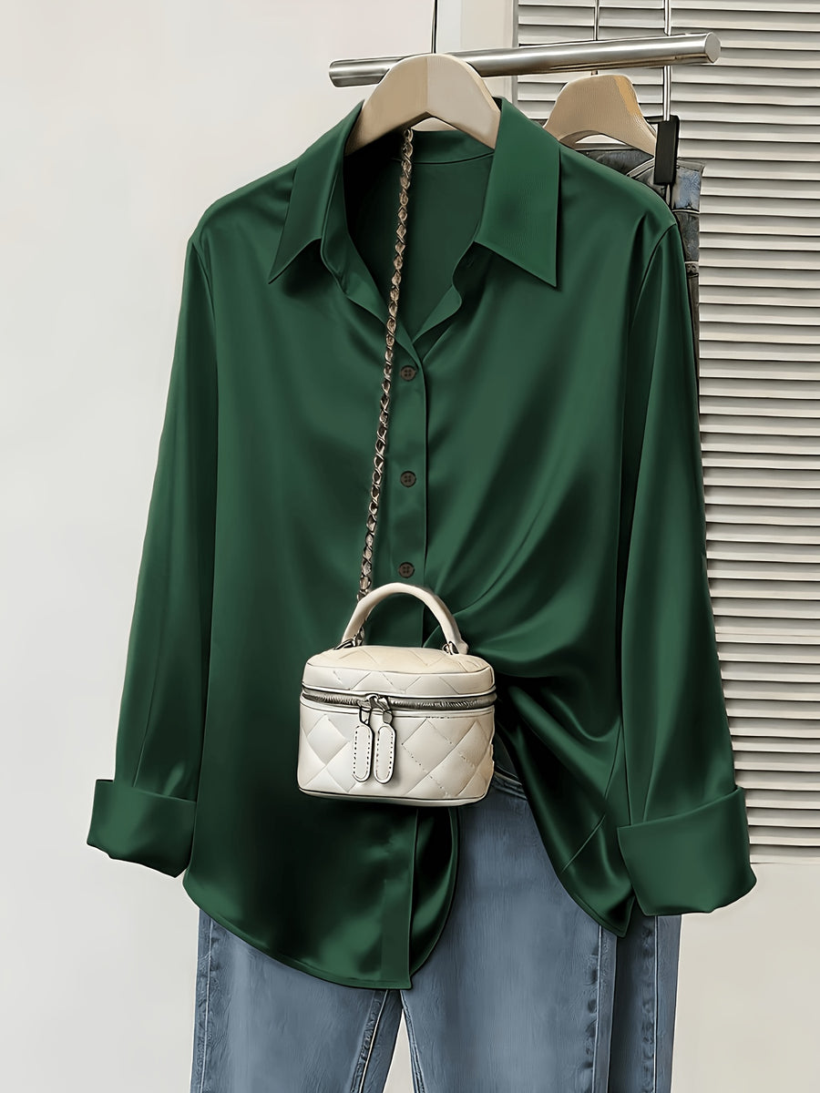 Women's Spring/Autumn Elegant and Versatile Satin Commuter Shirt - Dark Green