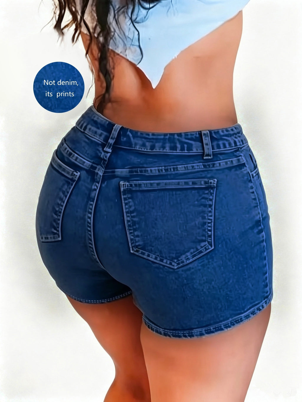 【imitation denim】[Printed Pants - Not Faux Denim Fabric]High-Waisted, High-Stretch, Imitation Faux Denim Printed Skinny Shorts, Base Pants - Blue