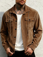 Men'S Corduroy Button-Up Shirt with Pocket And Drawstring Detail, Casual Long Sleeve Blouse for Daily Street Style, Gift Idea - Coffee Color