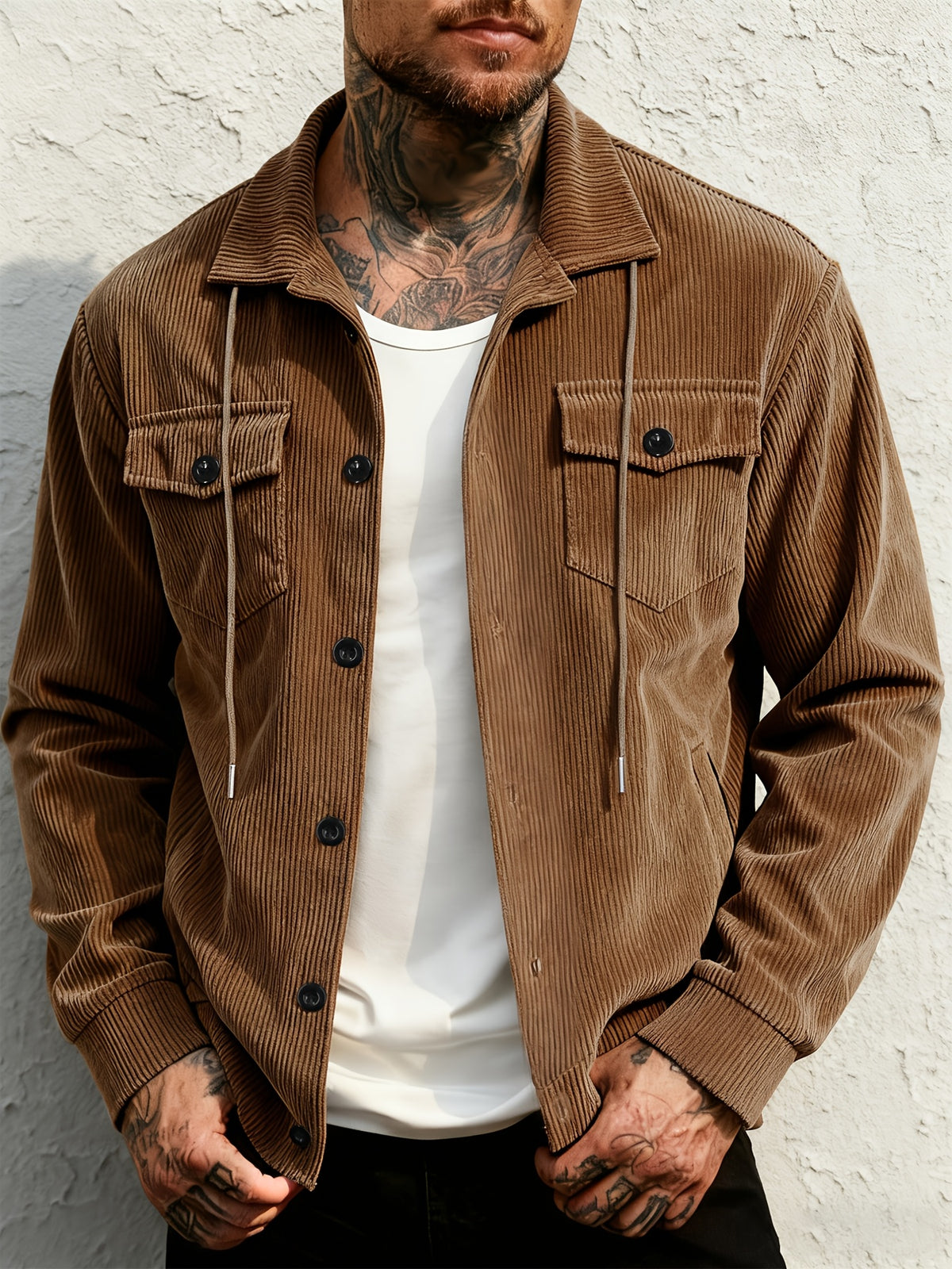 Men'S Corduroy Button-Up Shirt with Pocket And Drawstring Detail, Casual Long Sleeve Blouse for Daily Street Style, Gift Idea - Coffee Color
