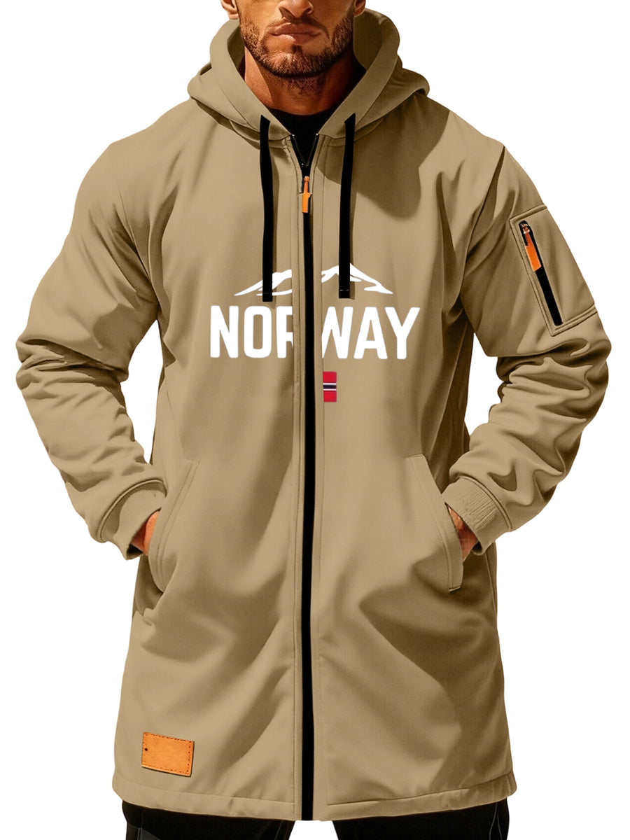 Men'S Long Hooded Trench Coat with Full Zipper, Featuring NORWAY Themed Letters, Mountain And Flag Prints, Side Arm Zip Pockets, And a Leather Label at The Hem - Khaki