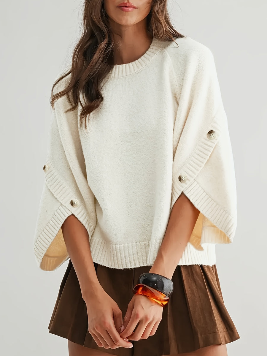 Women'S Round Neck Batwing Sleeve Pullover Sweater, Autumn Casual Regular Soft Solid Short Length 3/4 Sleeve Top, Side Slit Button Detail Daily Commute Base Layer (Prefer Loose Fit, Recommended Size Up) - Apricot