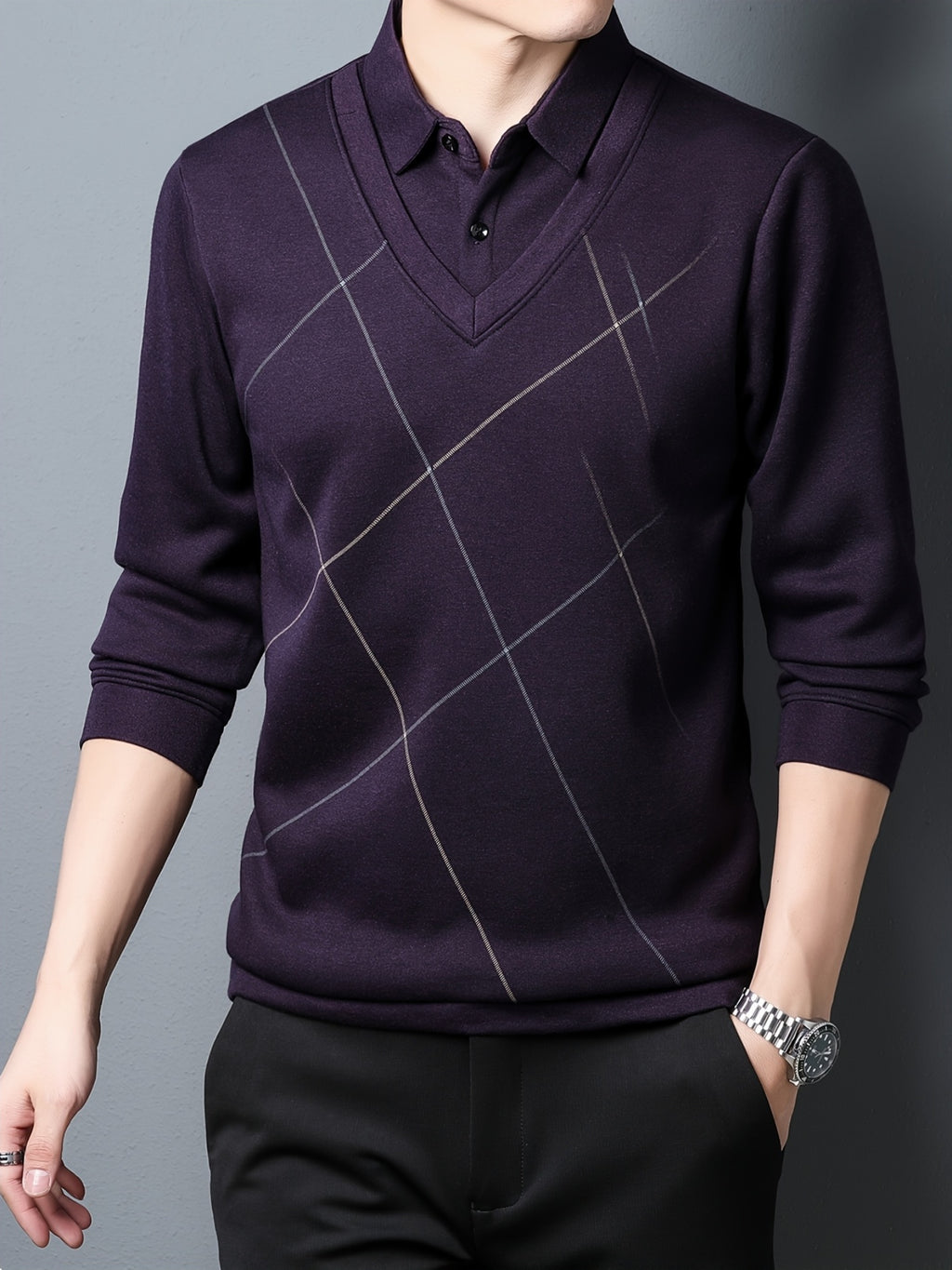 Fake Two-Piece Men'S Top Autumn Winter Base Layer Checkered Shirt Collar Men'S Business Casual Versatile Inner Top - Purple