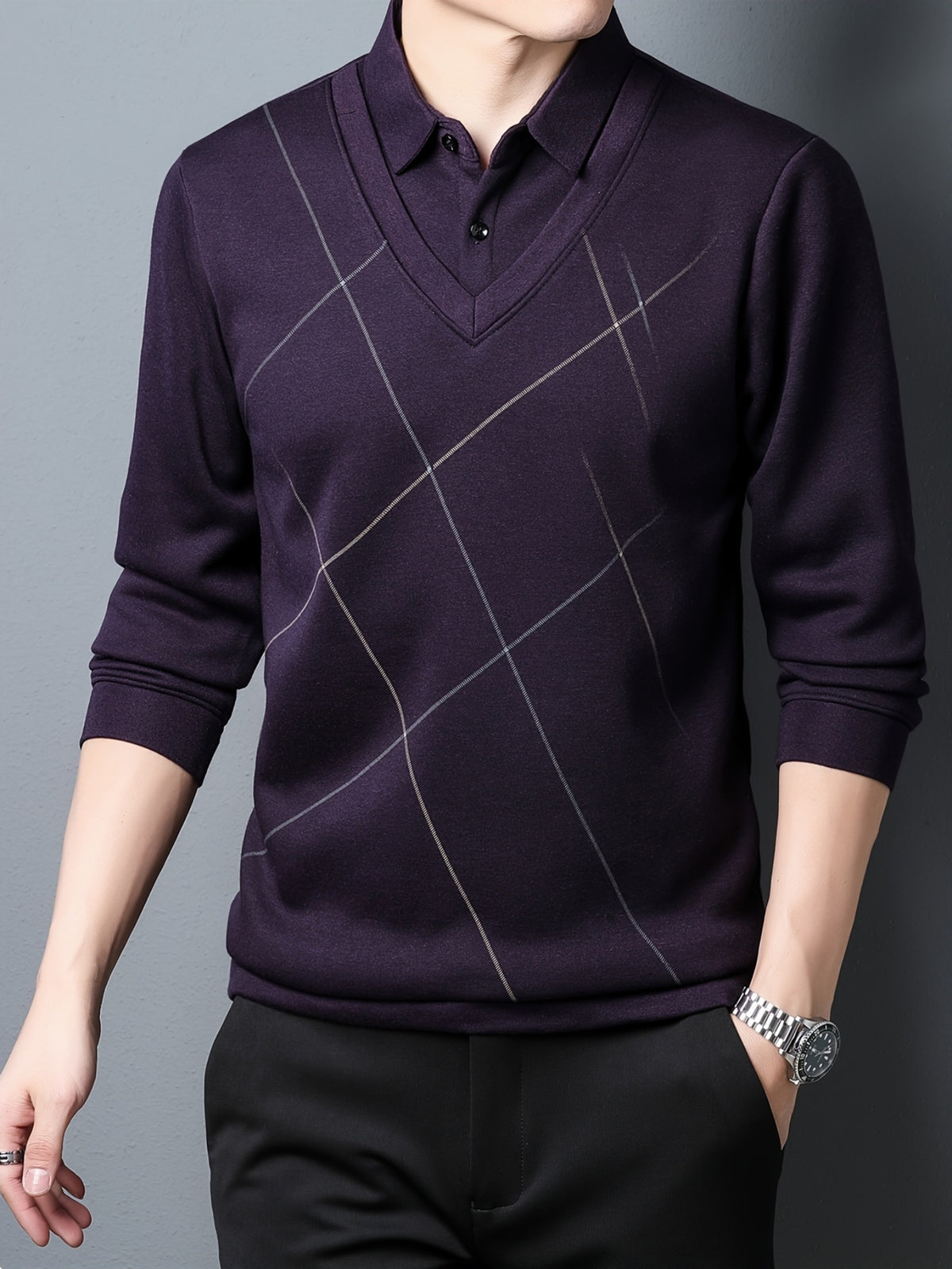 Fake Two-Piece Men'S Top Autumn Winter Base Layer Checkered Shirt Collar Men'S Business Casual Versatile Inner Top - Purple