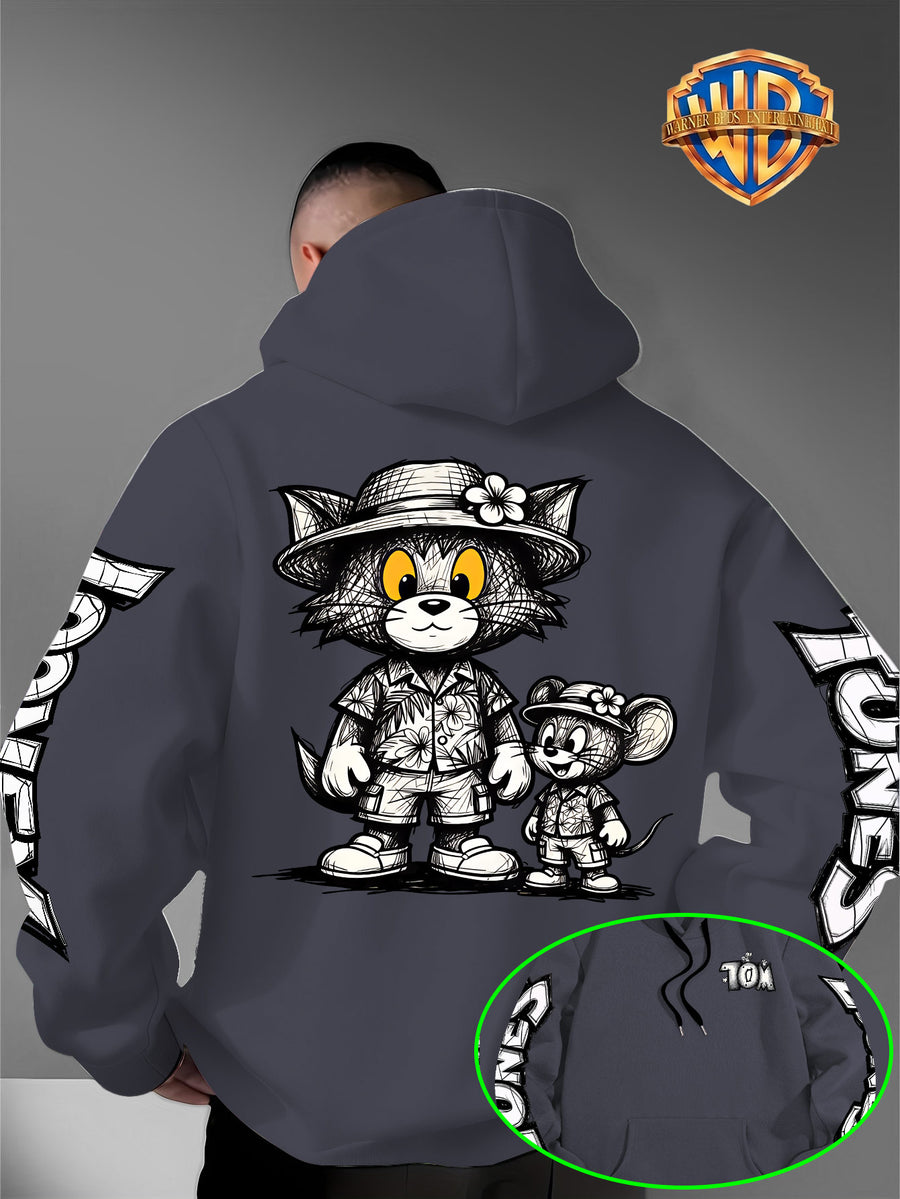 Men's Warner Bros. Vacation Hand-Drawn Sketch Print Hooded Sweatshirt, a Loose and Casual Hoodie Suitable for Animation IP Enthusiasts, Daily Commutes to School, Streetwear, and  Outfits for Couples and Best Friends - Dark Gray