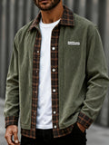 Men's Vintage Green Patchwork Plaid Double Pocket Lapel Design 2-in-1 Look Workwear Jacket for Daily Streetwear, Commuting, Casual Gatherings, and Light Social Wear - New Long Sleeve Coat for Autumn and Winter - Dark Green