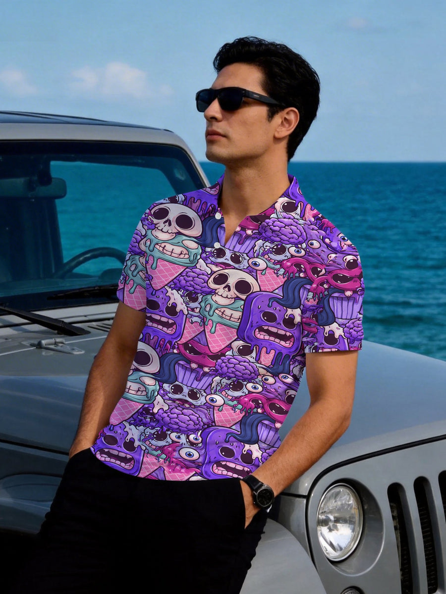 Men'S Polo Shirt Short Sleeve Mesh Fabric Digital Print Design - Mixed colors