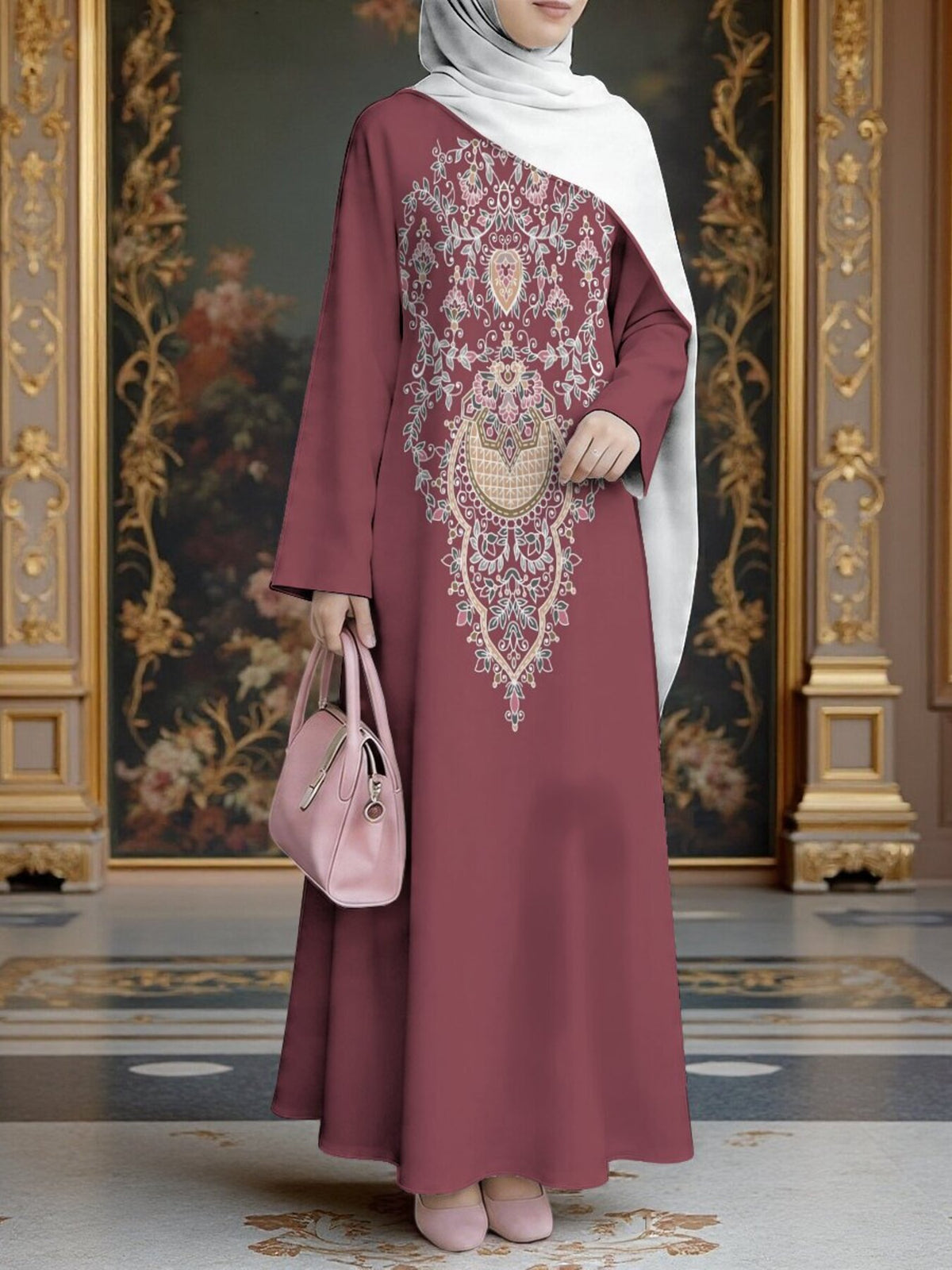 Women'S Hot Middle Eastern Style Muslim Elegant Robe, Burgundy Ethnic Digital Print Long Dress, Loose Flowing Long Sleeve Flared Cut, Suitable for Daily Commute And Prayer, Soft Breathable Non- Craft, Friendly (Headscarf Additions Not Included) - Mixed colors