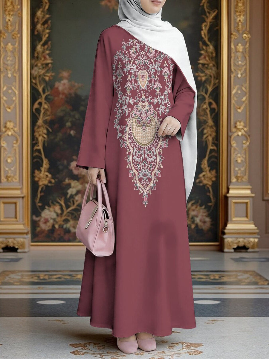 Women'S Hot Middle Eastern Style Muslim Elegant Robe, Burgundy Ethnic Digital Print Long Dress, Loose Flowing Long Sleeve Flared Cut, Suitable for Daily Commute And Prayer, Soft Breathable Non- Craft, Friendly (Headscarf Additions Not Included) - Mixed colors