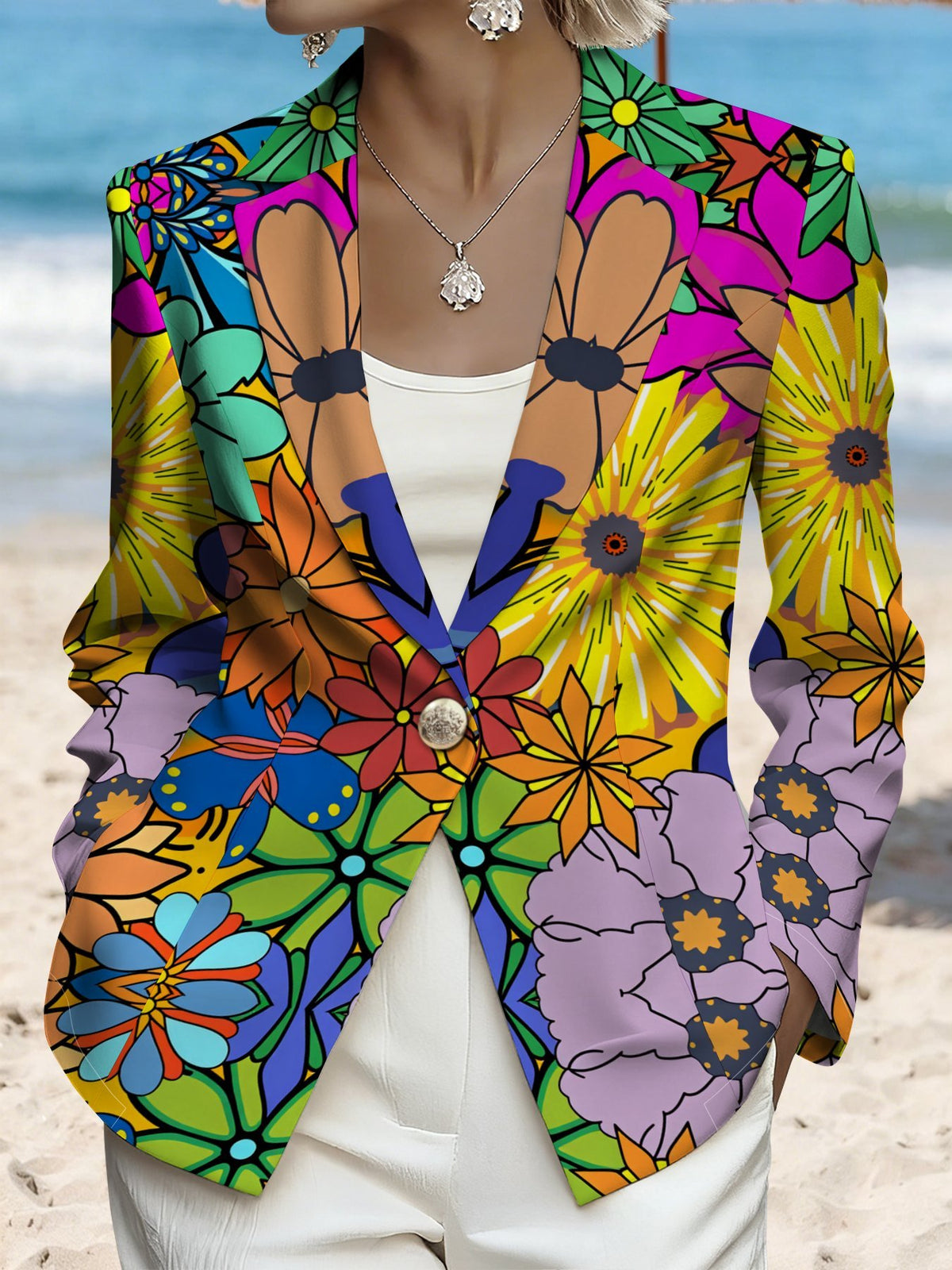 A Stylish and Refined Women's Autumn Jacket—a Slim-fit, Long-sleeved Blazer Featuring a Botanical Print That Evokes the Vibe of an Island Getaway. It Boasts a Harmonious Color Palette and a Style That Is Both Simple and Elegant - Multicolor