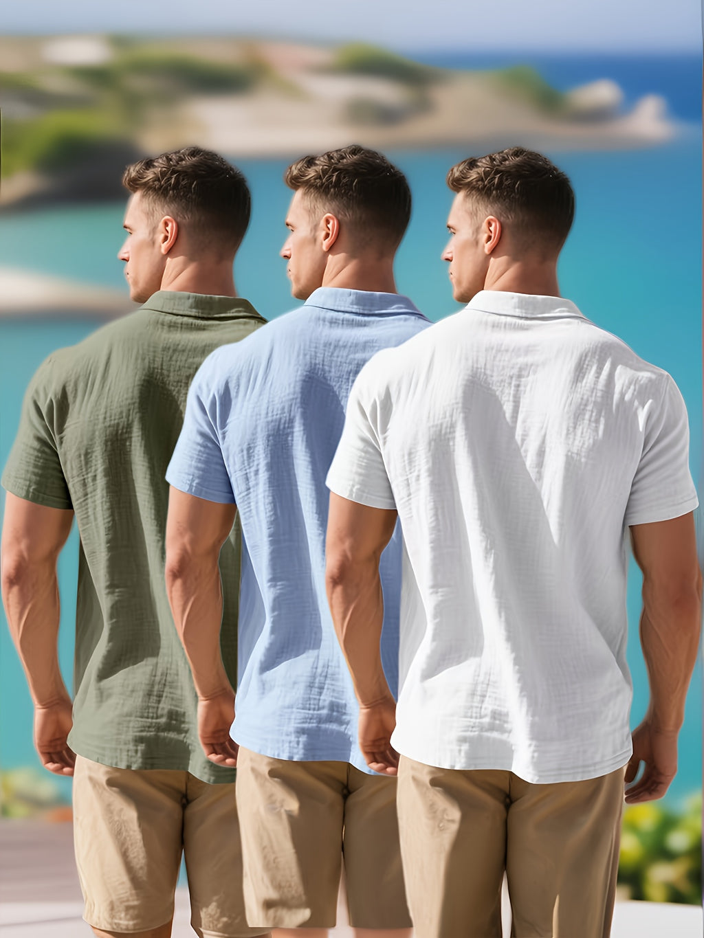 3pcs Men's Linen Shirts, Summer Lightweight Breathable Short Sleeve Sport Outdoor Solid Color Simple Style Casual Shirts - Blue Green White