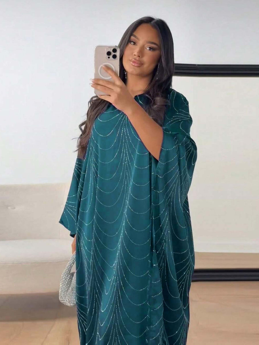 Ramadan Middle East Muslim New Women's Fashion Loose Rhinestone Batwing Sleeve Abaya Gown - Peacock Blue