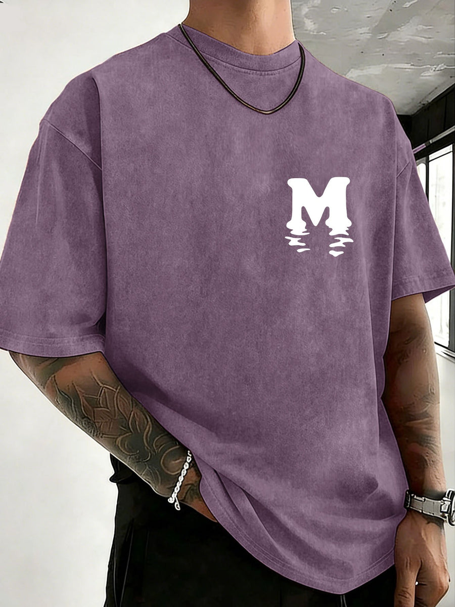 Unisex 100% Cotton Washed Vintage Crew Neck Short-Sleeve T-Shirt, Double-Sided Position Print, Trendy Loose Casual Top, 12 Colors Available - Purple
