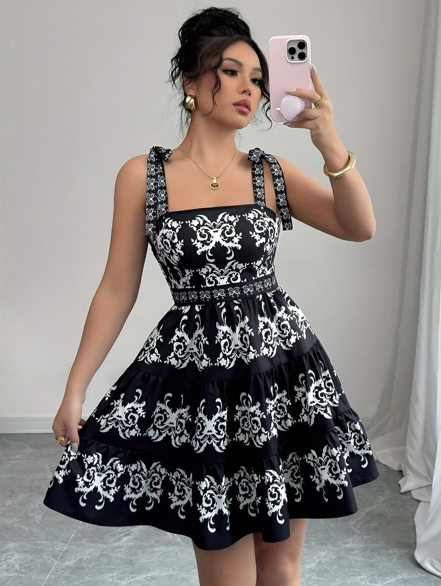 Spring/Summer New Women's Printed Lace Tie-Up Black Short Mini Dress, Fashion and Minimalism + Niannian - Black